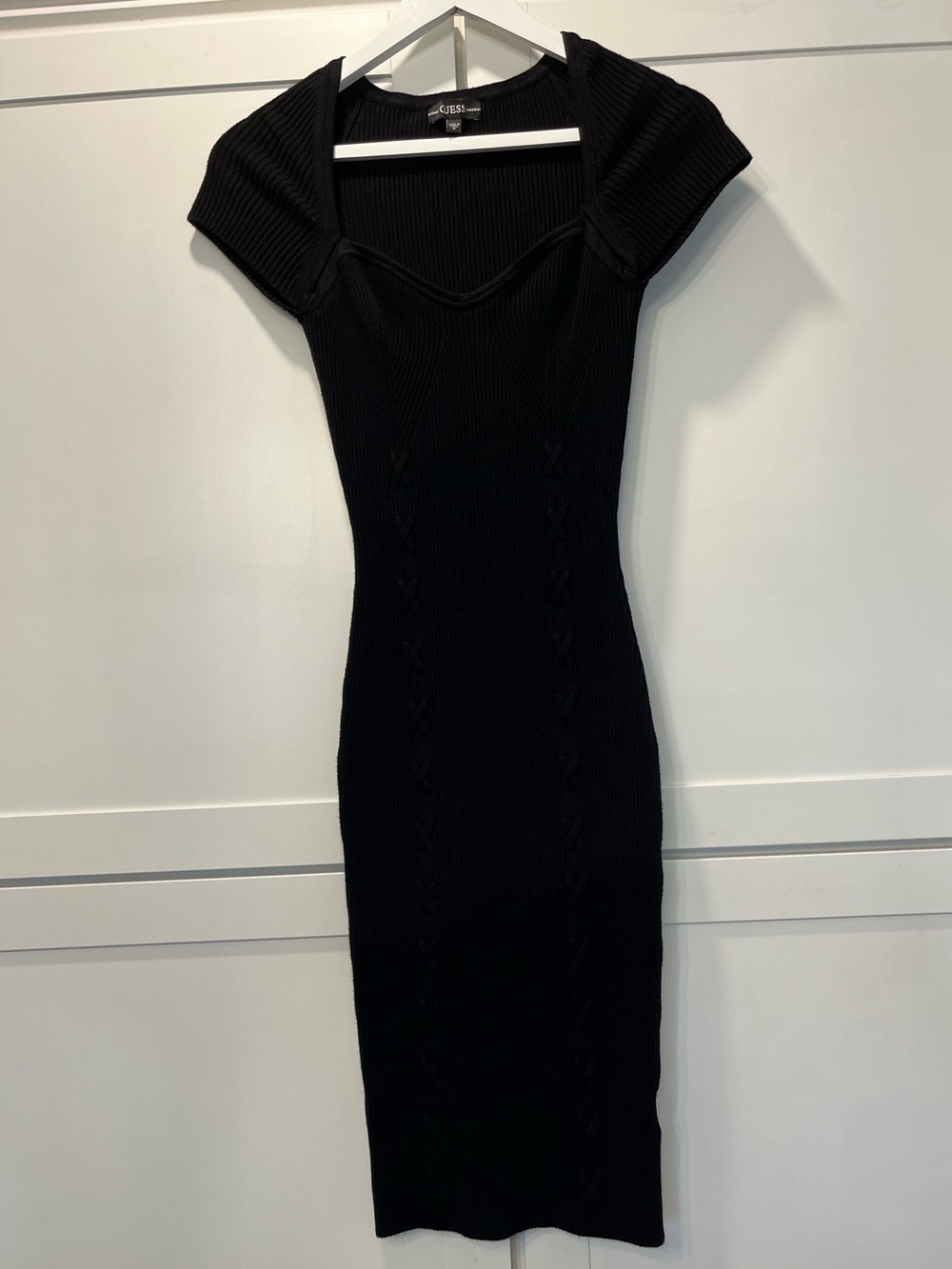 Guess Black Margot Ribbed Sweetheart Midi Dress